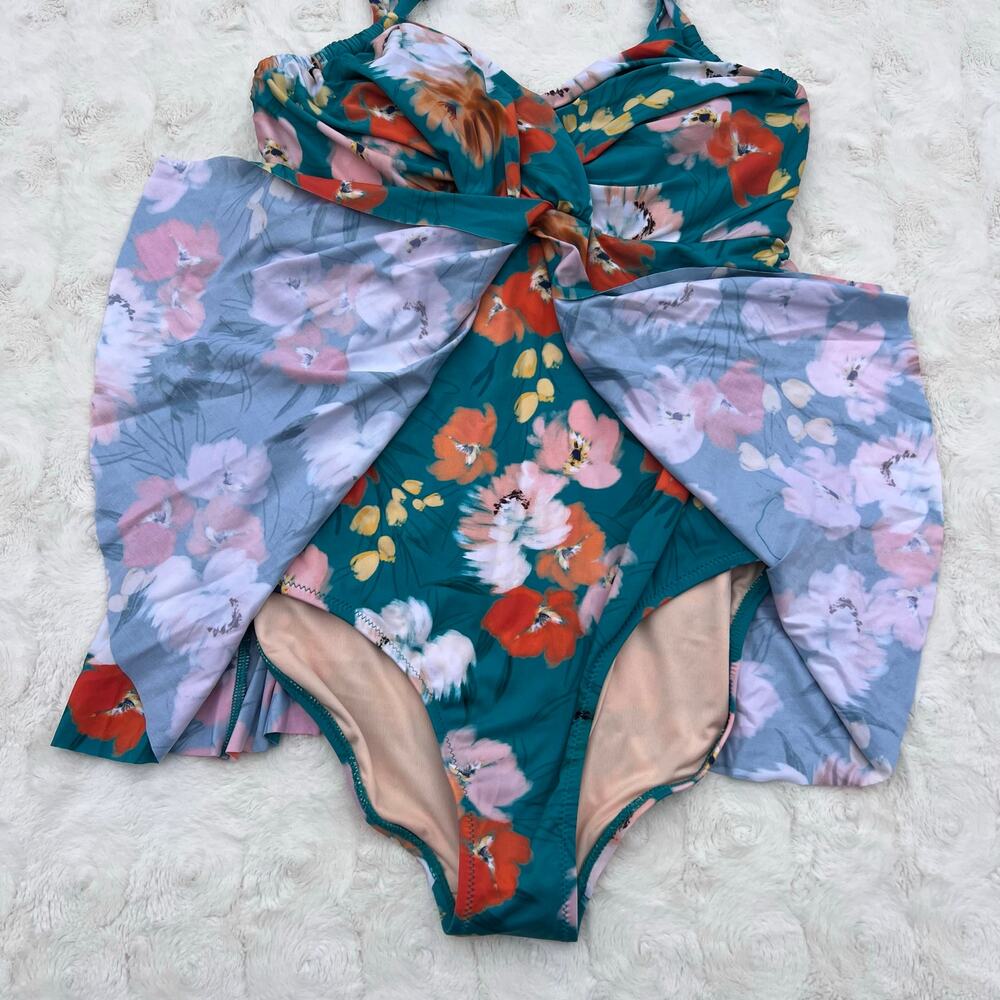 Garnet Hill Floral One Piece Swimsuit Ruched Overlay Teal Pink Orange 10 - Picture 3 of 7